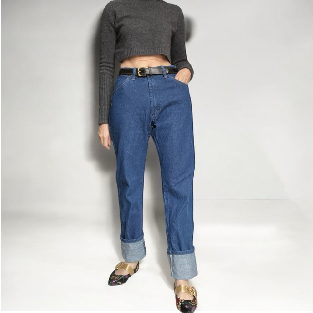 VINTAGE 90s Wrangler Mom Jeans Straight Leg High Waist Solid Blue Long Inseam 6